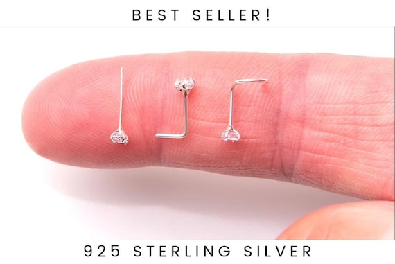 925 Sterling Silver Nose Stud 2.0mm Gem Gemstone Thin Tiny Dainty Crystal CZ Pin Nose Screw Ear Bone End L shape bend UK