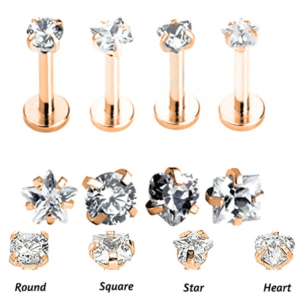 2X/PAIR ROSE GOLD, Heart, Round, Square, Star, Labret Monroe Stud Bar, Tragus Helix Cartilage Lip Ear Nose Stud Earring Piercing Gem Small
