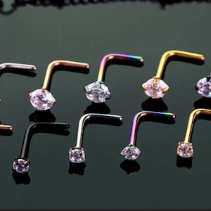 Silver Clawset Nose Stud 2.0mm 3.0mm Gem Gemstone Thin Tiny Dainty Crystal CZ Pin Nose Screw Ear Bone End L shape bend Gold Rose Black UK