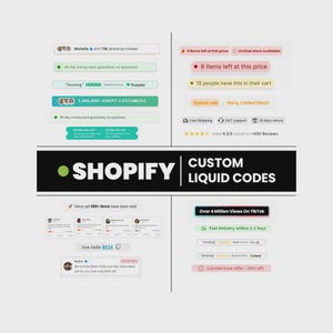 Pode incluir: Gráfico promocional com o logotipo da Shopify e o texto "Custom Liquid Codes". A imagem inclui vários depoimentos de clientes, notificações de vendas e uma menção de visualizações no TikTok. O esquema de cores é principalmente branco, verde e preto.