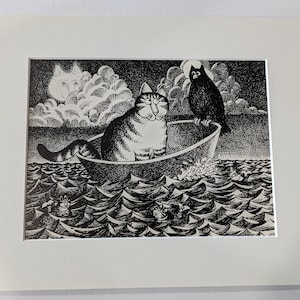 Kliban Cat From 1979 Calendar / Cat in a Boat with a Crow matted print