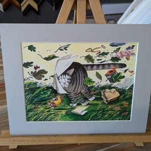 Kliban Matted print from 2014 Calendar- Blown Away Cat