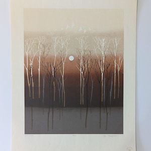 May include: A print of a forest scene with bare trees and a full moon in the sky. The trees are silhouetted against a brown and orange sunset. The print is signed "Don Troiani" in the bottom right corner.