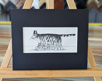 May include: Black and white line drawing of a cat with a long tail. The cat is made up of many smaller cats stacked on top of each other.