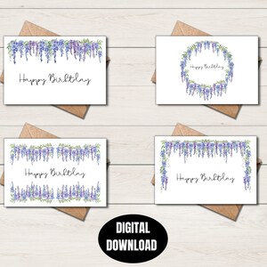 Four printable happy birthday purple flower greeting cards