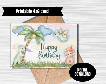 Dinosaur birthday greeting card 4x6 printable instant download