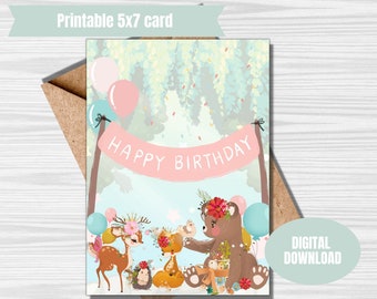 Forest animals birthday card for girls