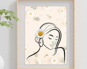 Woman with daisy flower card and wall art.
