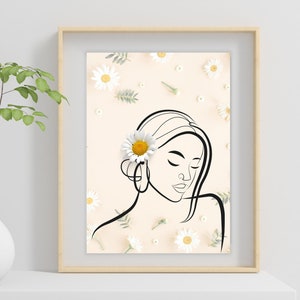 Femme avec carte de fleur de marguerite et art mural.