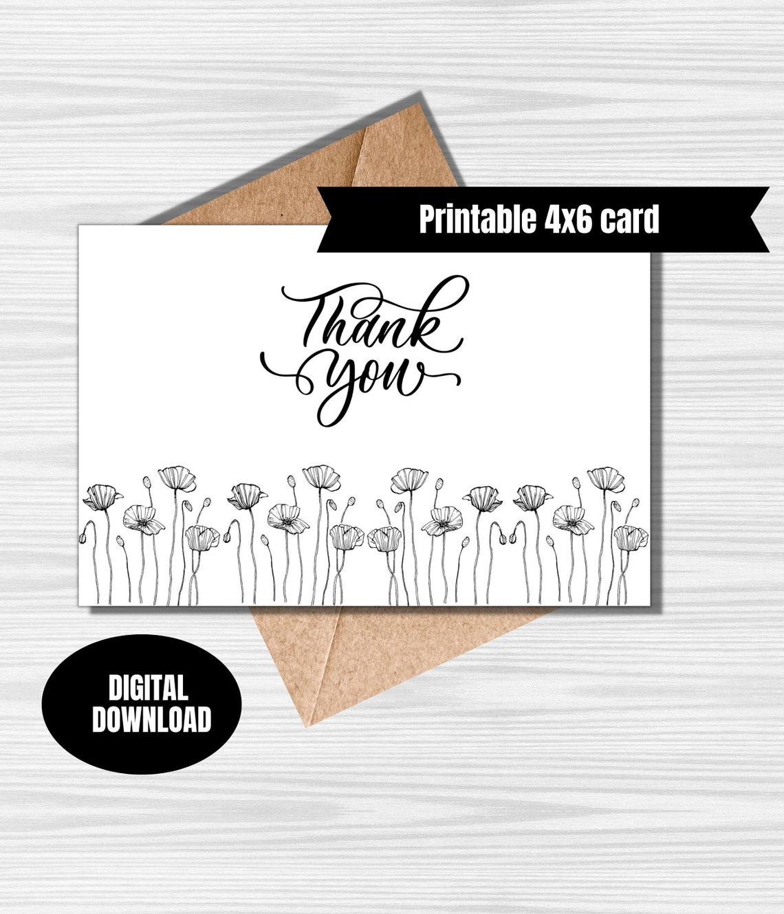 Printable Floral Poppies Thank You Card - Etsy