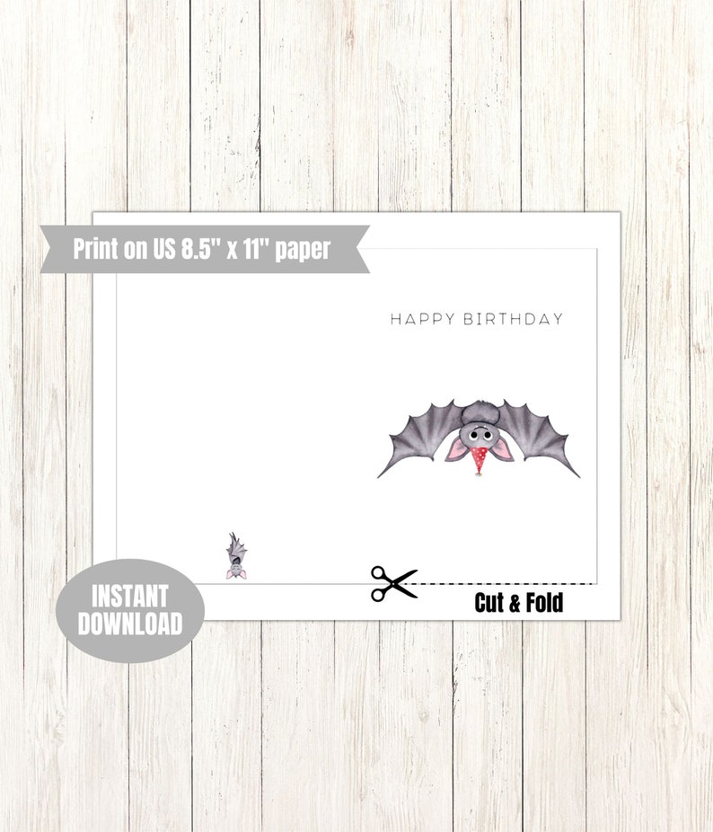 Cute Bat Birthday Card Printable Card Print at Home Greeting Card Etsy
