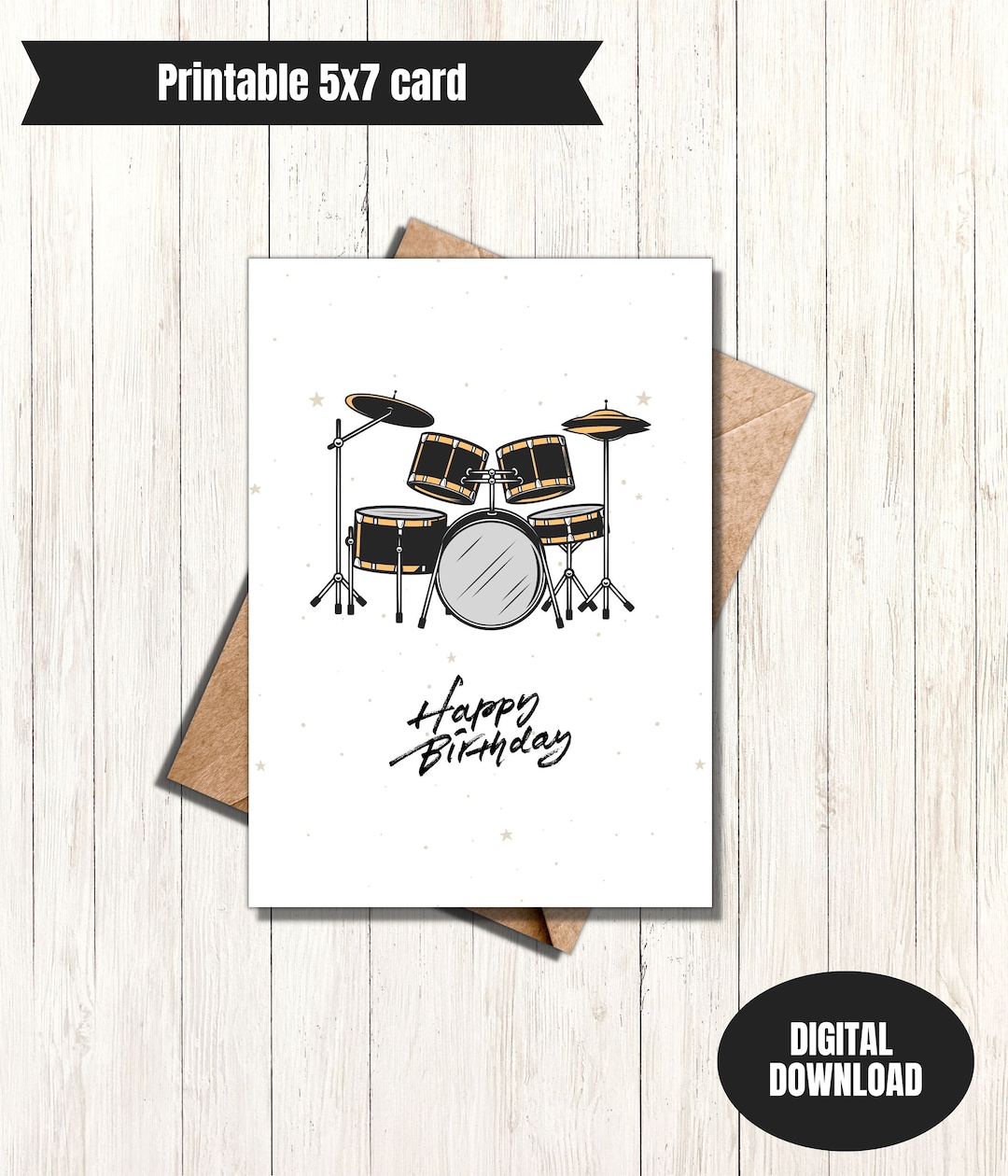 Drummer Birthday, Printable Greeting Card, Birthday Card, Print at Home