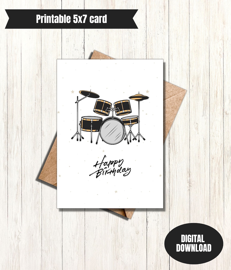 Drummer Birthday, Printable Greeting Card, Birthday Card, Print at Home