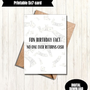 Funny cash gift birthday greeting card printable