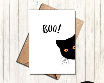 Boo black cat Halloween card printable instant download card