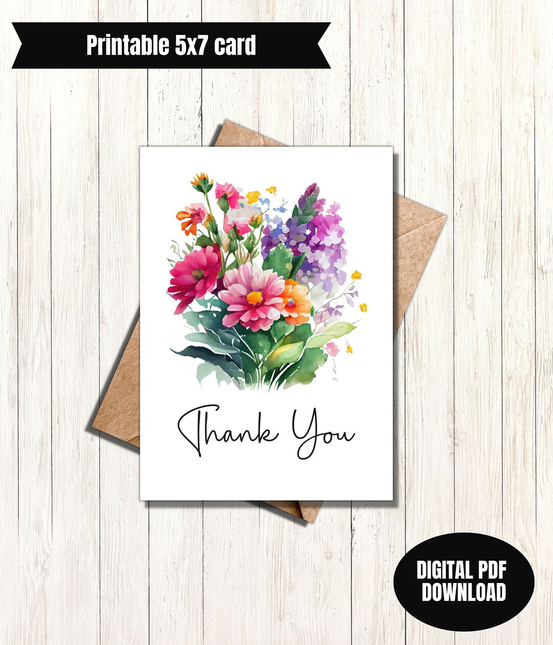 Floral Watercolor Thank You Card Printable Greeting Card Last Minute ...