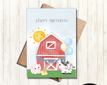 May include: Printable 5x7 card with a red barn, a smiling sun, a pig, chicks, a cow, and blue balloons. The card says "Happy Birthday".