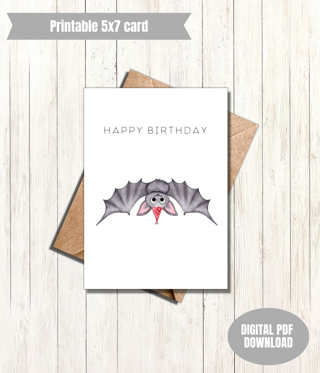 Cute Bat Birthday Card Printable Card Print at Home Greeting Card Etsy