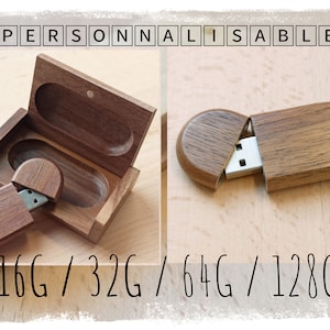 Engraved wooden USB key and its box 16G, 32G, 64G, 128G - Personalized gift, Customizable business gift, Wedding guest gift