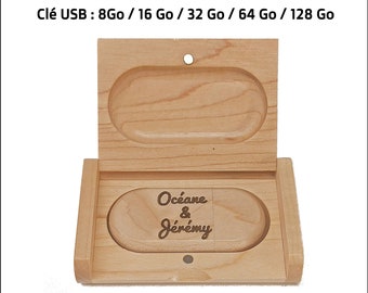 Engraved wooden USB key and its box 16G, 32G, 64G, 128G - Personalized gift, Customizable business gift, Wedding guest gift