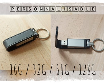 Keychain Black PU Leather USB Key Engraved 16GB / 32GB / 64GB / 128GB - Personalized Gift - Customizable - Wedding Guest Gift