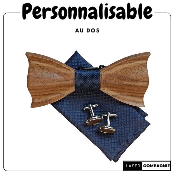 Ensemble nœud papillon, boutons de manchettes et pochette assortie Bleu  - En bois et personnalisable, cadeau mariage, témoins