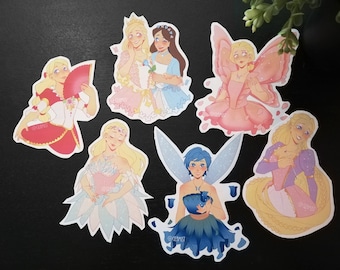 May include: Set of six illustrated stickers featuring various fairy characters. The stickers are printed on white paper with a glossy finish. The fairies are depicted in various poses and wearing colorful dresses. The stickers are perfect for adding a touch of whimsy to any project.