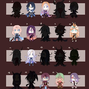 Puede incluir: Veinte ilustraciones coloridas de personajes chibi, cada uno con características y expresiones únicas. Los personajes están dispuestos en cuatro filas de cinco, con los números del 1 al 20 etiquetando cada personaje.