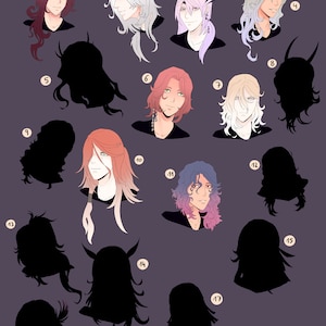 May include: A digital illustration of 17 different hairstyles for men. The hairstyles are drawn in a cartoon style and feature a variety of colors and styles.
