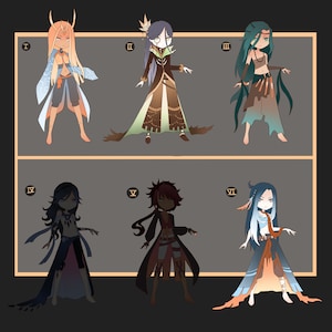 Puede incluir: Seis ilustraciones de personajes de fantasía en diferentes poses y atuendos. Los personajes son todos femeninos y tienen el pelo largo. Los personajes visten una variedad de ropa, incluidos vestidos, pantalones y faldas. Los personajes son todos de diferentes colores, incluidos el azul, el verde, el rojo y el naranja.