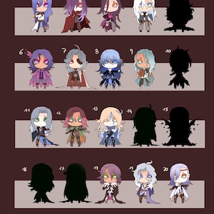 Puede incluir: Una ilustración digital de 20 diseños de personajes diferentes. Los personajes están todos en un estilo chibi, con cabezas grandes y cuerpos pequeños. Todos llevan diferentes atuendos y tienen diferentes peinados. Los personajes están numerados del 1 al 20.