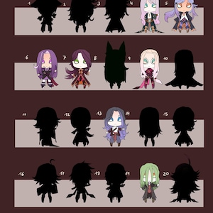 Puede incluir: Un conjunto de 20 ilustraciones en blanco y negro de personajes de estilo anime. Los personajes están en varias poses y expresiones. Las ilustraciones están numeradas del 1 al 20.