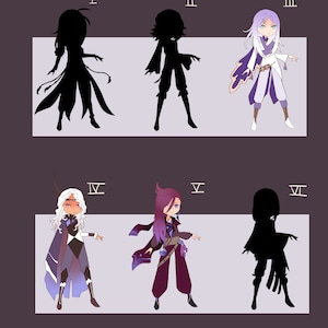 Puede incluir: Ilustración de seis personajes de estilo anime. Los personajes están representados en varias poses, con atuendos y peinados detallados. La paleta de colores incluye tonos de morado, blanco y negro. Cada personaje está etiquetado con un número romano.