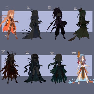 Puede incluir: Ocho ilustraciones de personajes de fantasía en varias poses. Cada personaje está representado en un esquema de color y estilo diferente, con ropa y accesorios únicos. Los personajes están numerados del I al VIII.