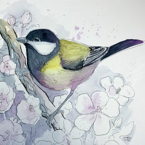 original Aquarell Kohlmeise 24 x 32 cm