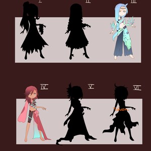 Puede incluir: Ilustración de seis figuras estilizadas, algunas en silueta, otras con color. Las figuras están en varias poses, con diferentes peinados y atuendos. La paleta de colores incluye tonos de rosa, azul y negro, sobre un fondo marrón.