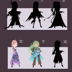 Puede incluir: Seis diseños de personajes diferentes, algunos en silueta y otros en color, con números romanos del I al VI etiquetando cada diseño. Los personajes llevan diferentes atuendos, incluyendo un vestido largo y fluido, una capa y una túnica.