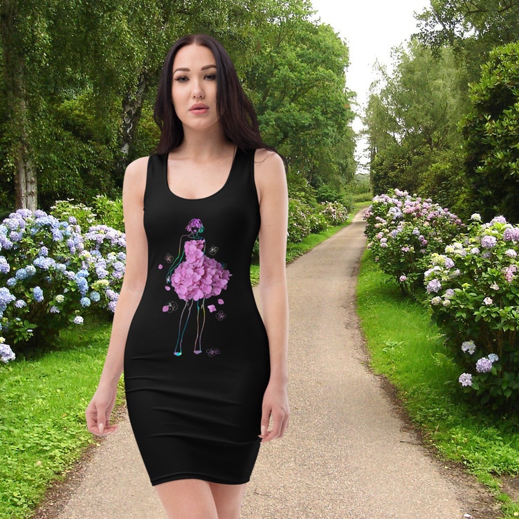 17 New Products Hydrangea Fashion Sketch Tank Top Dress Black Women Sheath Aesthetic Abstract Dress Art Sheath Botanical Flowers Floral Lilac 01 Spring And Summer Novelties Ledmod Ru