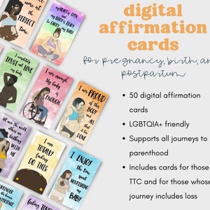 Conjunto de 50 Tarjetas de Afirmación / Afirmaciones Digitales / Embarazo Nacimiento y Baraja de Afirmación Posparto