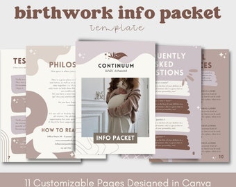 Op de afbeelding: Een digitaal downloadbare sjabloon voor een geboortewerk-infopacket met 11 aanpasbare pagina's ontworpen in Canva. De sjabloon heeft een neutrale kleurenpalet met bruin, beige en wit. De tekst op de pagina's omvat "Continuum Birth Services", "Filosofie", "Veelgestelde vragen" en "Testimonials".
