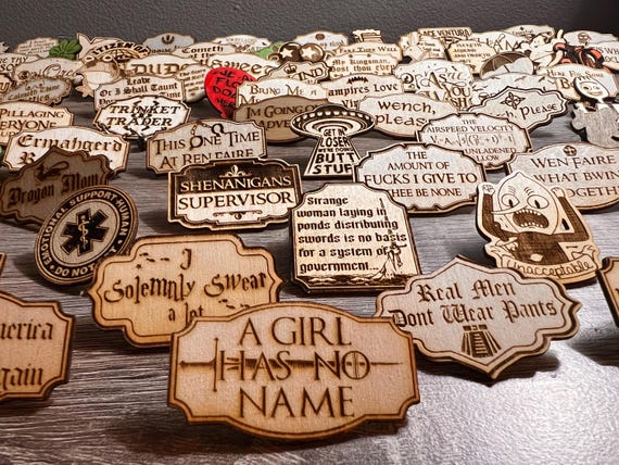 Renaissance Trinket Trader Wooden Brooch Pin – Laser Engraved, With Bells, Medieval Festival Accessory