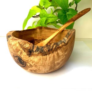 Rustic Olive Wood Bowl And Spoon: Large Wild Rim, Food Safe