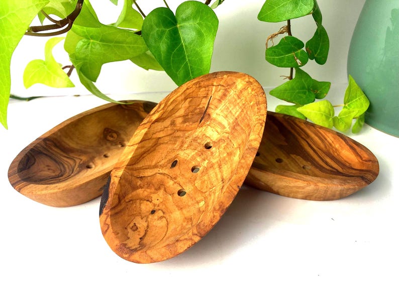 Tvålkopp i olivträ: Självdränerande oval tvålhållare, Naturfärgad badbricka (13 cm) bild 10