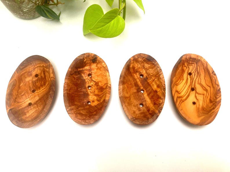 Tvålkopp i olivträ: Självdränerande oval tvålhållare, Naturfärgad badbricka (13 cm) bild 3