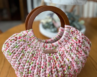 Soft Pink Floral Crochet Bag | Ribbed Shell, Wooden Handles, Recycled Yarn Purse