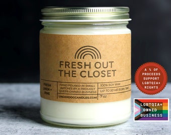 Fresh Out The Closet Gay Pride Month soy candles LGBTQ+ Gay lesbian bisexual queer pride gift, coming out, queer owned, Portland Maine local