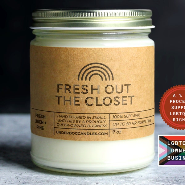 Fresh Out The Closet Gay Pride Month soy candles LGBTQ+ Gay lesbian bisexual queer pride gift, coming out, queer owned, Portland Maine local