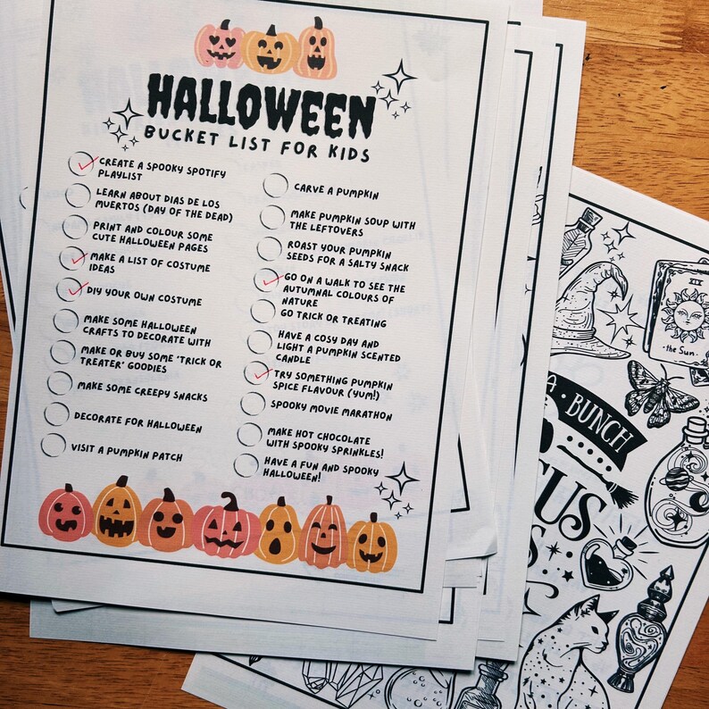 May include: A printable Halloween bucket list for kids with a checklist of fun activities to do, including carving pumpkins, making pumpkin soup, going trick or treating, and decorating for Halloween. The list is illustrated with cute orange pumpkins with spooky faces.