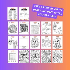 May include: A printable Halloween activity pack with 17 pages of coloring pages, mazes, word searches, and more. The pages feature cute Halloween characters like owls, cats, pumpkins, and ghosts.
