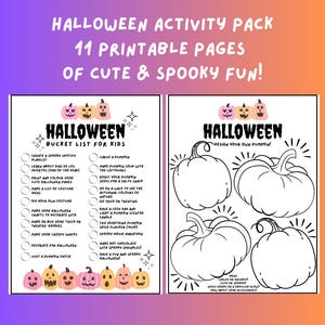 May include: Printable Halloween activity pack for kids with 11 pages of fun activities. The pack includes a bucket list for kids, a pumpkin design page, and cute pumpkin illustrations.